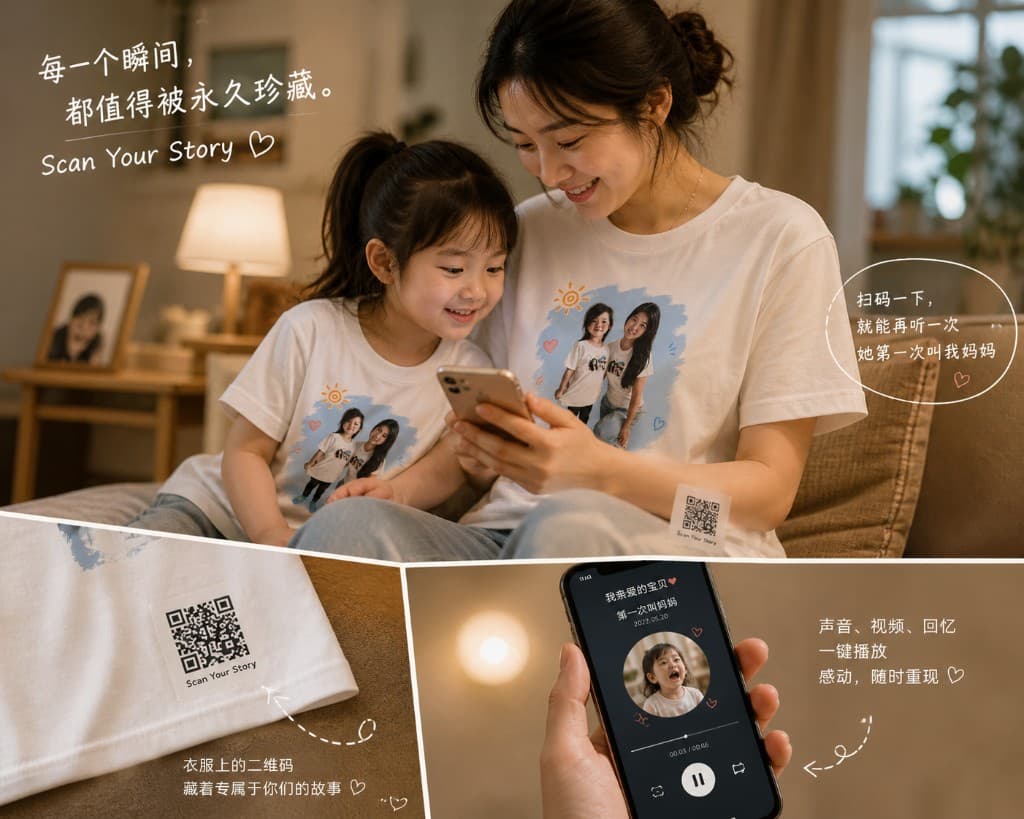 Mother and child in matching shirts with a QR code; scan to hear a memory.